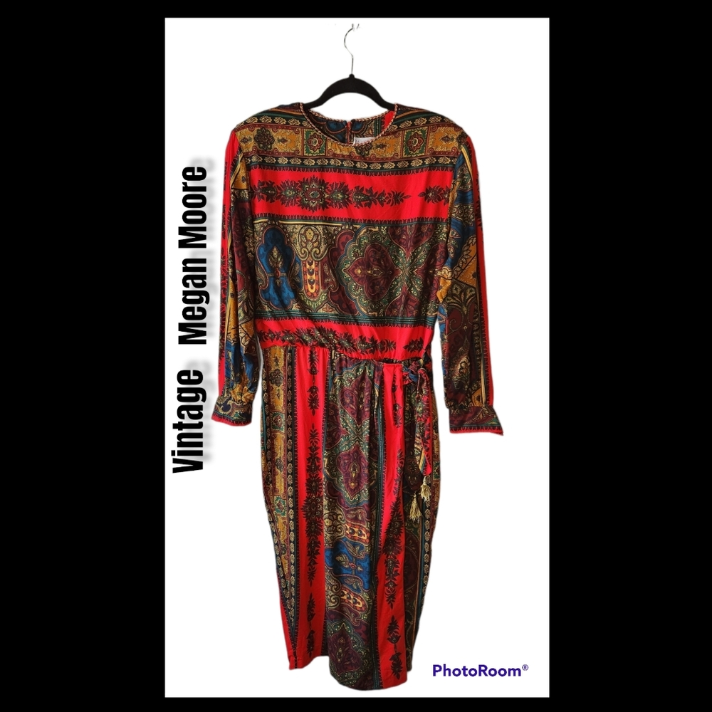 Megan Moore vintage bright colored faux wrap dress size 12 made in USA